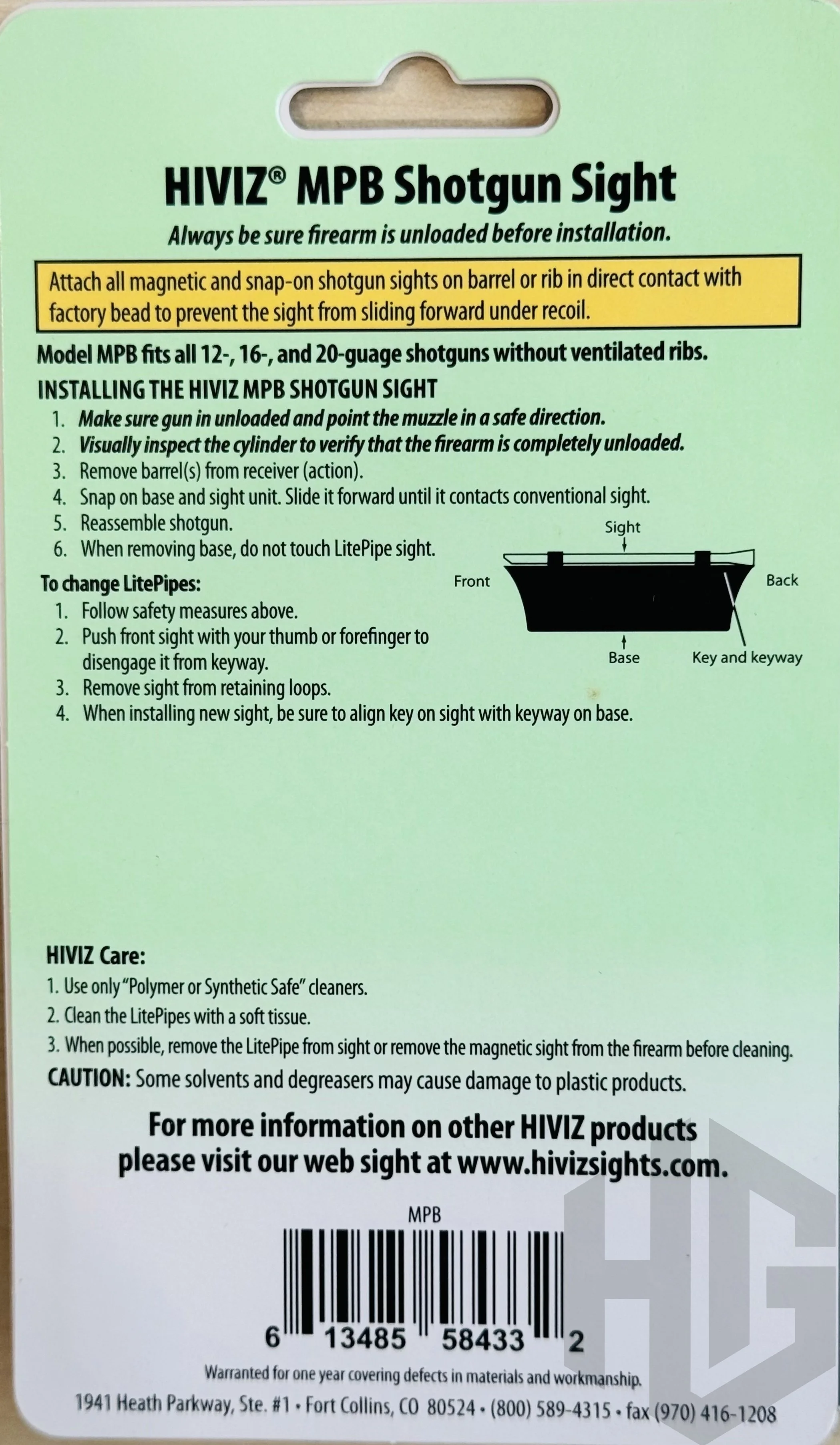 ด้านหลังบรรจุภัณฑ์ HIVIZ MPB แสดงข้อมูลรุ่นและลูกซองขนาด 12 16 และ 20 Gauge ที่รองรับ