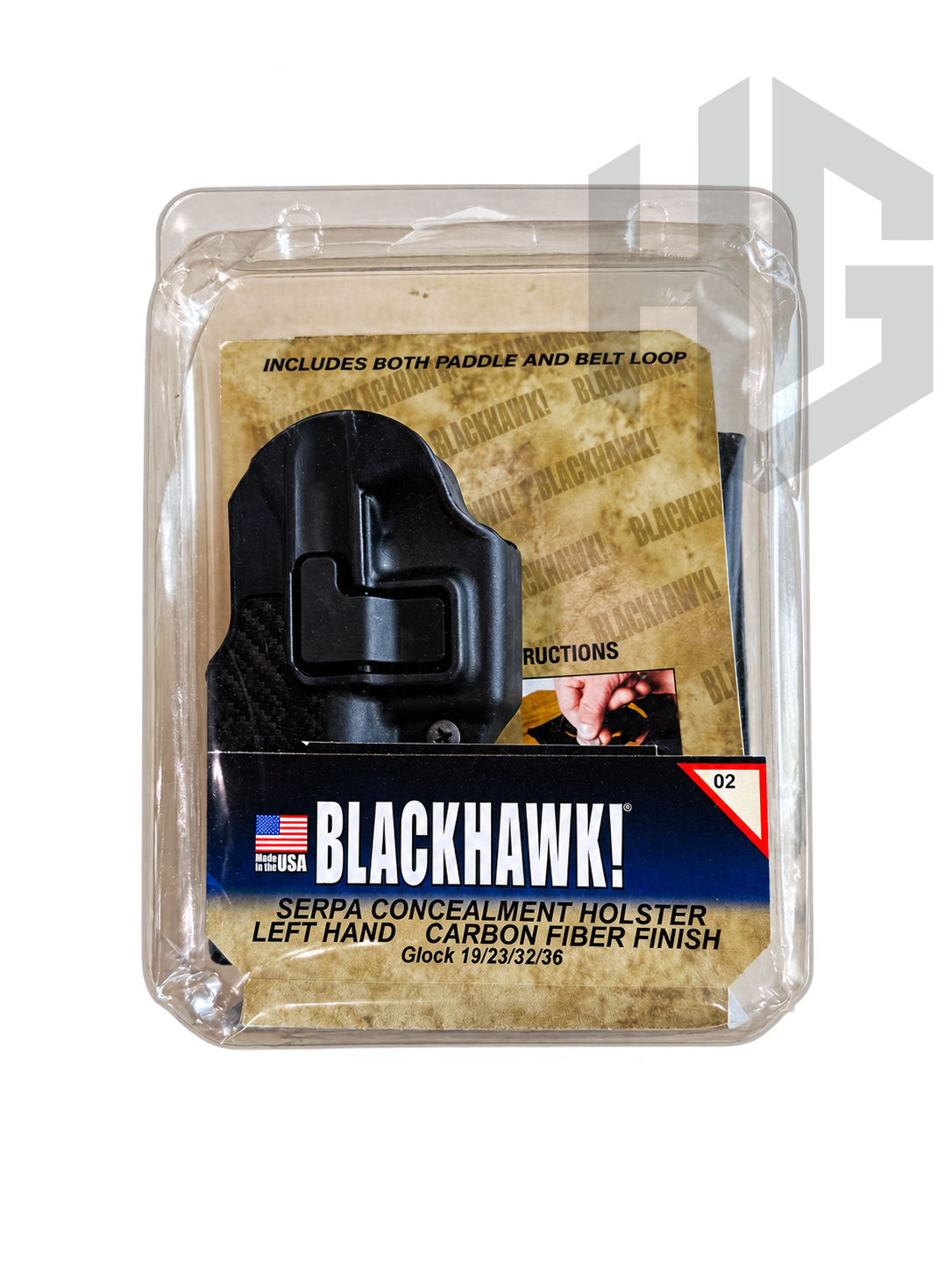 ซองพก BLACKHAWK ฉลาก ระบุ Left Hand, Carbon Fiber Finish และ Glock 19/23/32/36