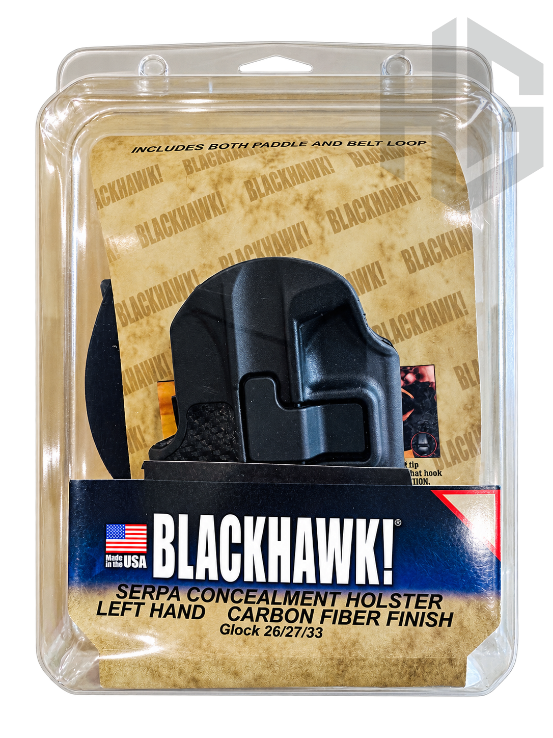 ซองปืน BLACKHAWK ในบรรจุภัณฑ์เดิม ฉลาก Glock 26/27/33 มือซ้าย Carbon Fiber Finish พร้อมข้อความรวมฐาน Paddle และ Belt Loop