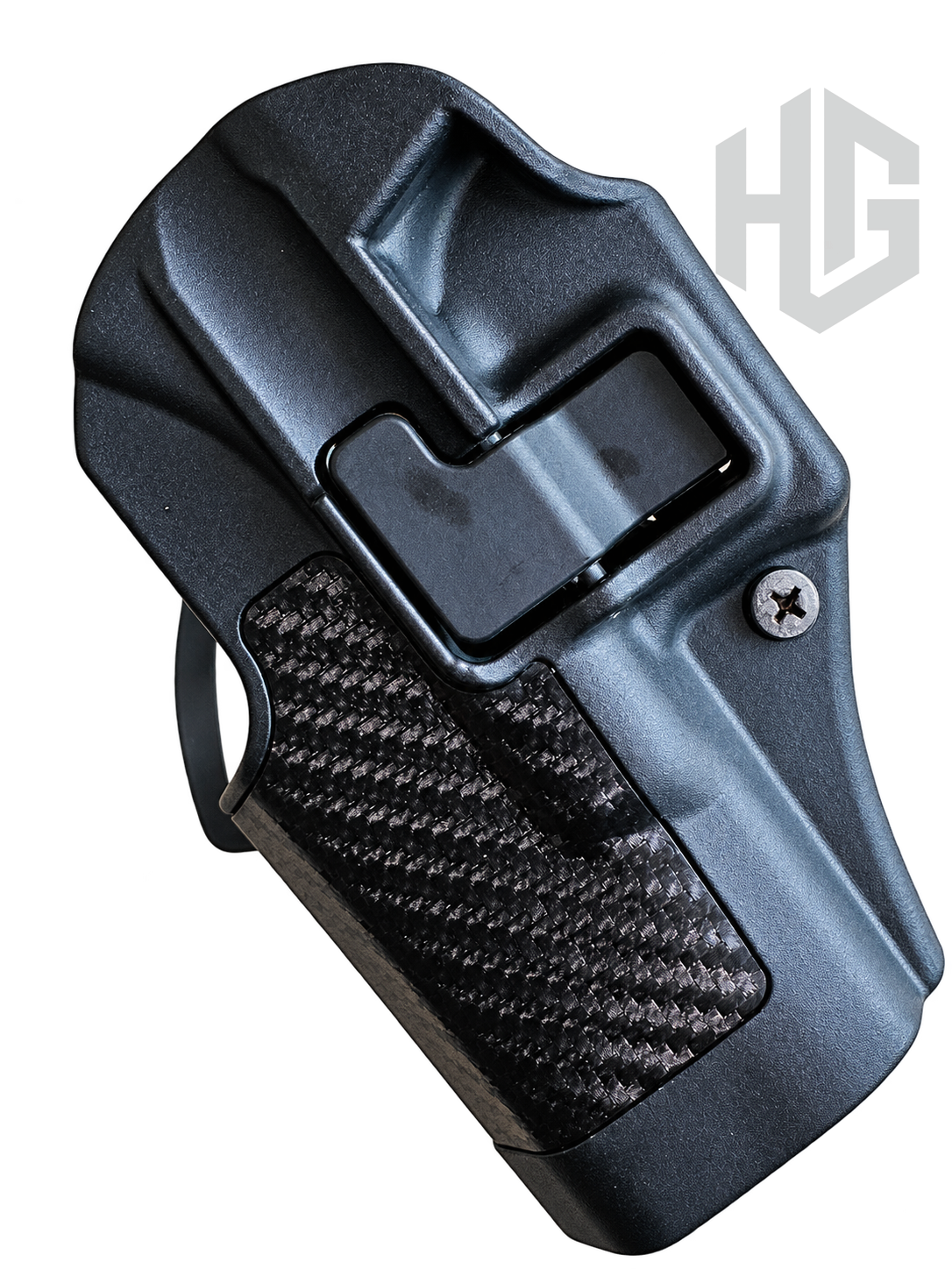 ตัวซอง BLACKHAWK SERPA CQC ถนัดซ้าย สีดำ แสดงผิวตกแต่งลายคาร์บอนและปุ่มปลดล็อกด้านข้าง