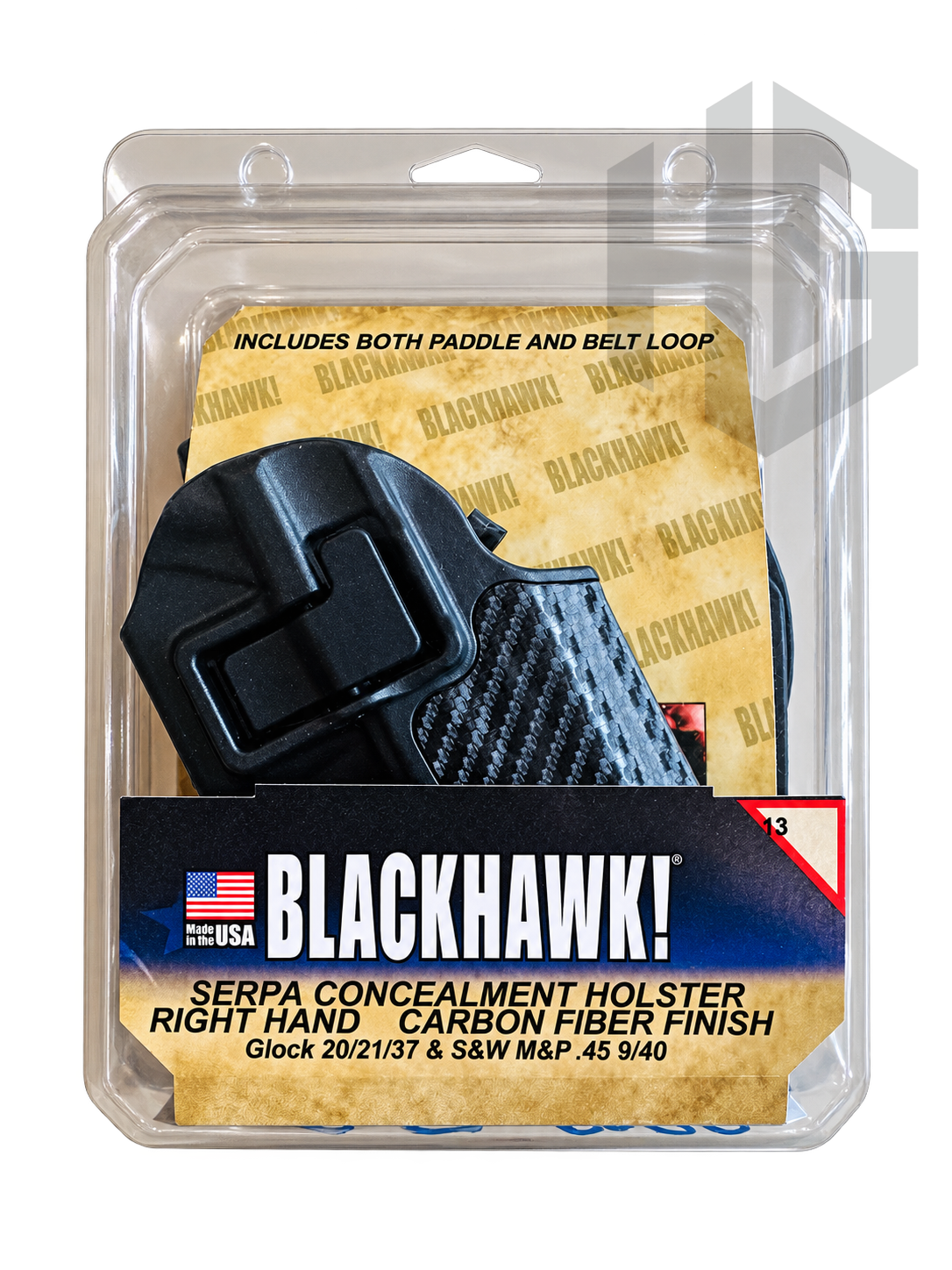 บรรจุภัณฑ์ BLACKHAWK ขนาด 13 ระบุ RIGHT HAND, Carbon Fiber Finish และ Glock 20/21/37 กับ S&W M&P .45 9/40