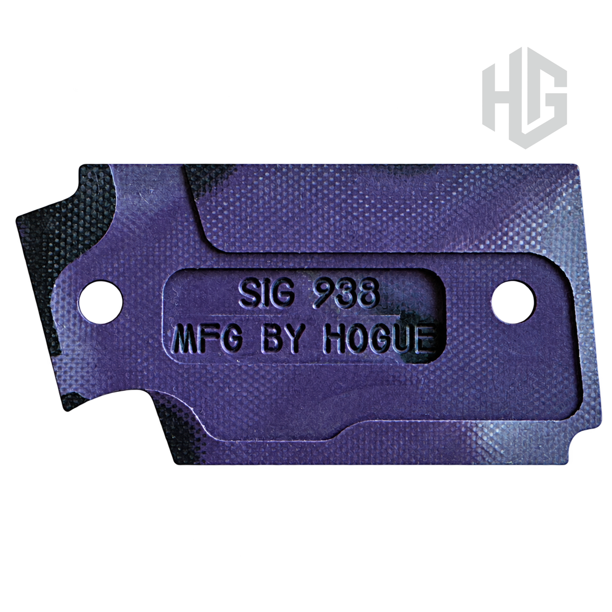ด้านในประกับด้าม Hogue สีม่วง แสดงข้อความ SIG 938 และ MFG BY HOGUE พร้อมรูยึดสกรู