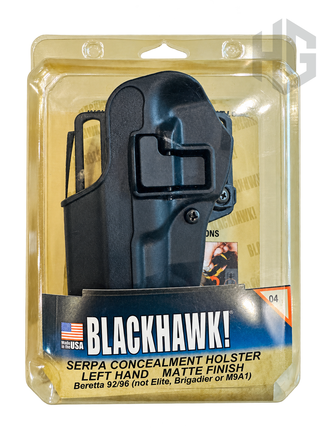 ซอง BLACKHAWK ในบรรจุภัณฑ์ ฉลากระบุ Beretta 92/96 มือซ้าย ผิวด้าน ขนาด 04 ไม่รองรับ Elite, Brigadier และ M9A1