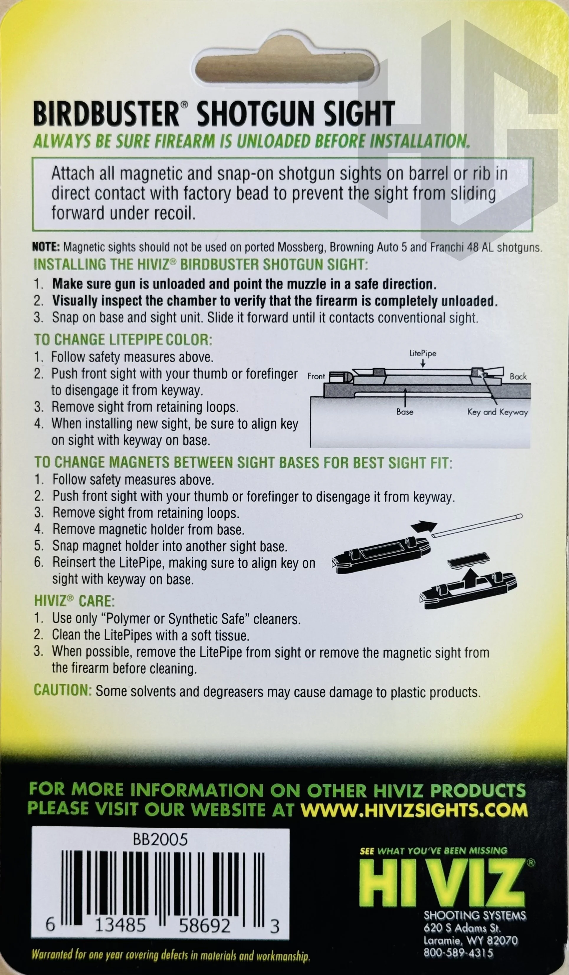 ด้านหลังแพ็กเกจศูนย์แม่เหล็ก HIVIZ BirdBuster BB2005 พร้อมคำแนะนำการติดตั้ง