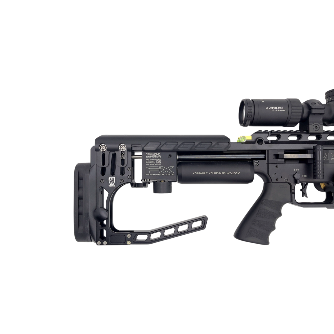 ตัวอย่างที่รองแก้ม Saber Tactical ST0054 ติดตั้งบริเวณด้านท้ายของ FX Impact พร้อมชุดพานท้าย