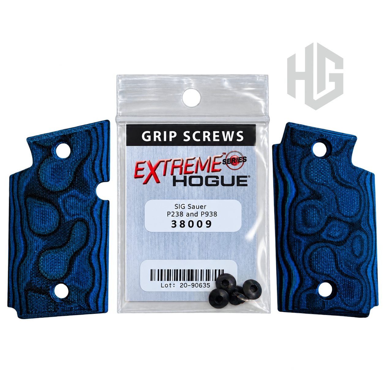 ประกับด้าม Hogue P938 สีน้ำเงินลาย G-Mascus Blue Lava สองข้าง พร้อมถุงสกรูสีดำรหัส 38009 จำนวน 4 ตัว