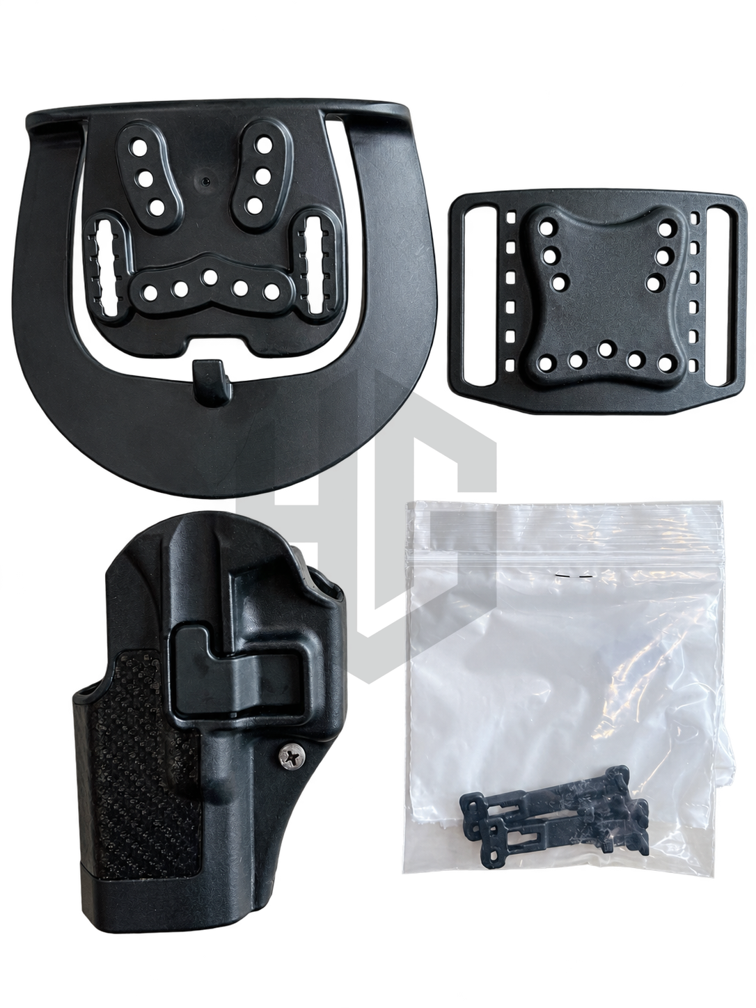 ซองพก BLACKHAWK สีดำ วางพร้อมฐาน Paddle ฐาน Belt Loop และถุงชิ้นส่วนประกอบ
