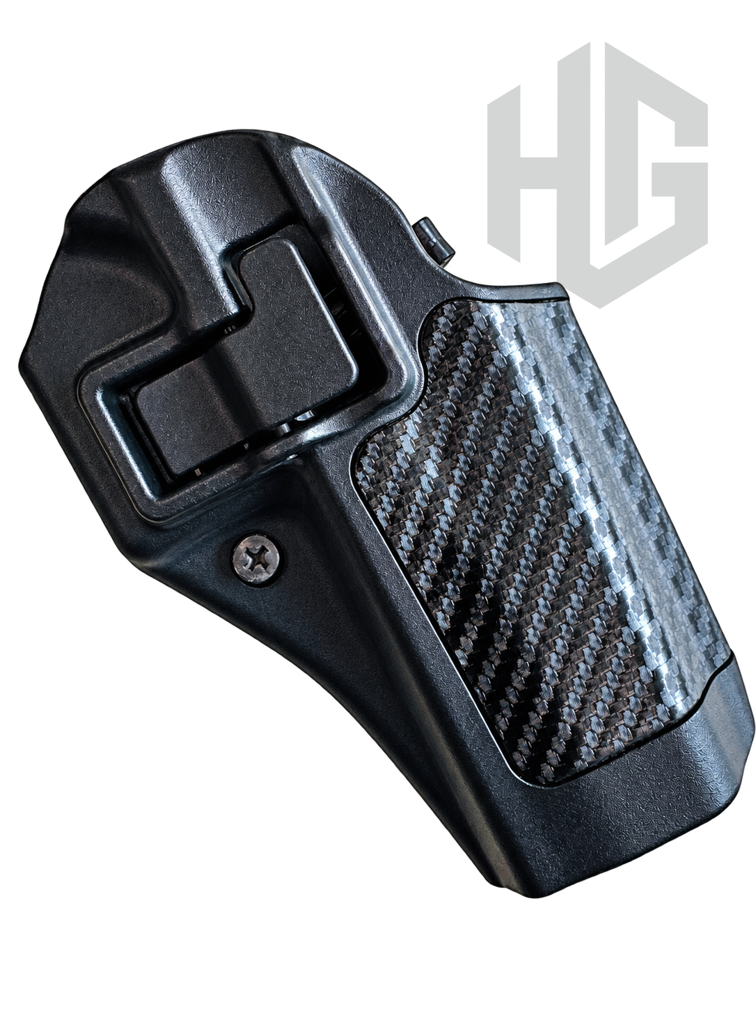 รายละเอียดซอง BLACKHAWK SERPA CQC มือขวา 410013BK-R แสดงปุ่มปลดล็อก สกรู และผิวลายคาร์บอนไฟเบอร์