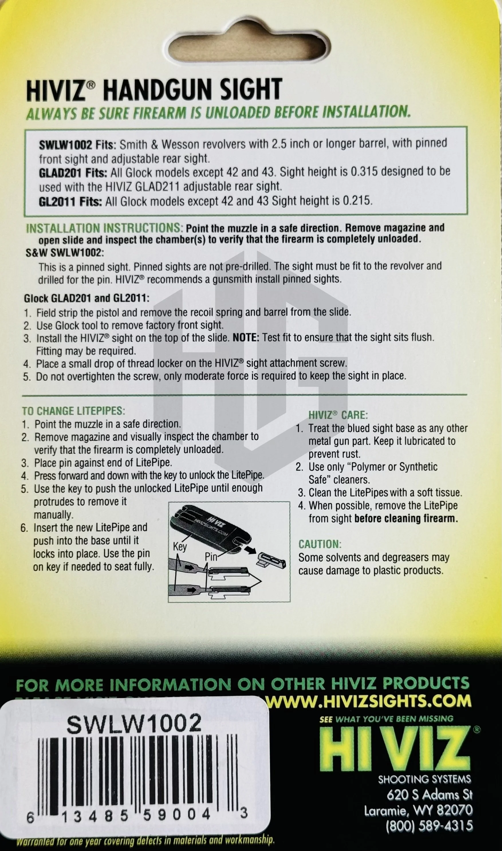 ด้านหลังแพ็กเกจศูนย์หน้า HIVIZ SWLW1002 แสดงเงื่อนไขการใช้งานกับรีวอลเวอร์ Smith & Wesson และคำแนะนำการติดตั้ง