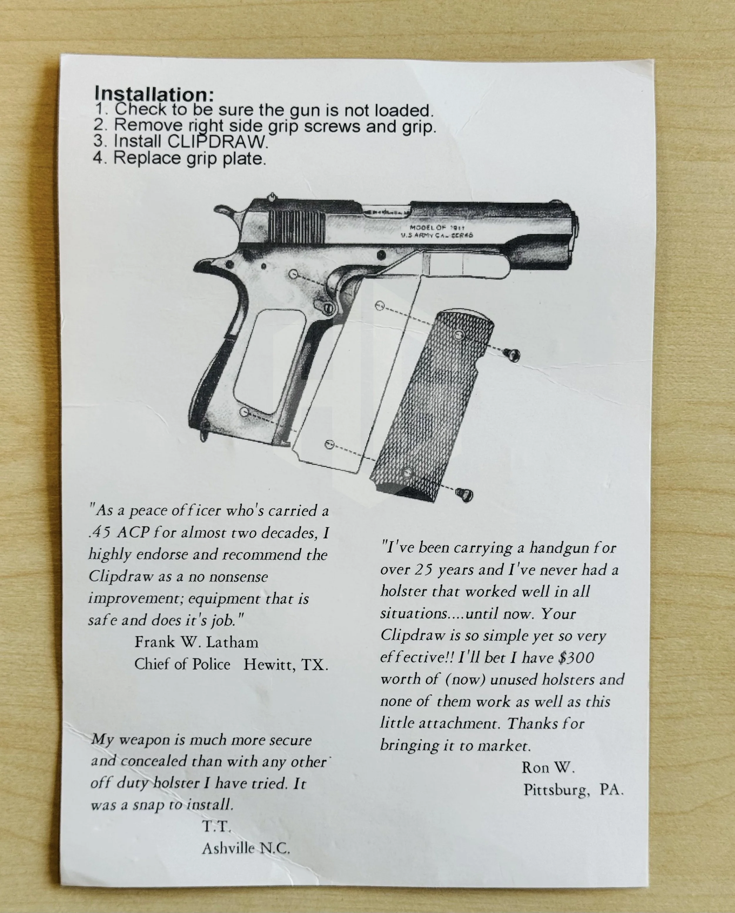 แผ่นอธิบายวิธีติดตั้งคลิปพก1911แบบไม่ใช่ซอง