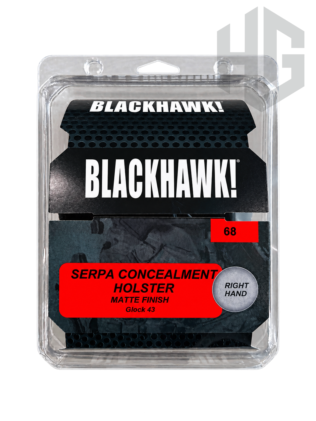 บรรจุภัณฑ์ BLACKHAWK SERPA Concealment Holster ระบุ Glock 43 มือขวา Matte Finish และขนาด 68