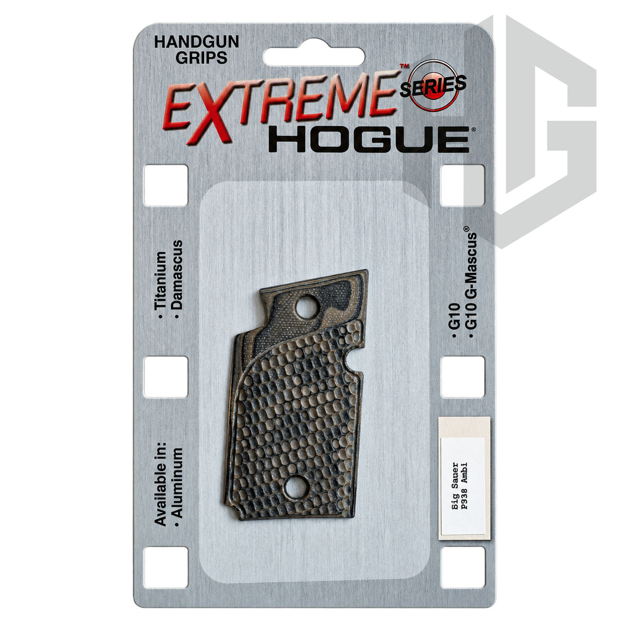 ประกับด้ามบนแผง Hogue Extreme Series พร้อมฉลาก Sig Sauer P938 Ambi และข้อความ G10 G-Mascus