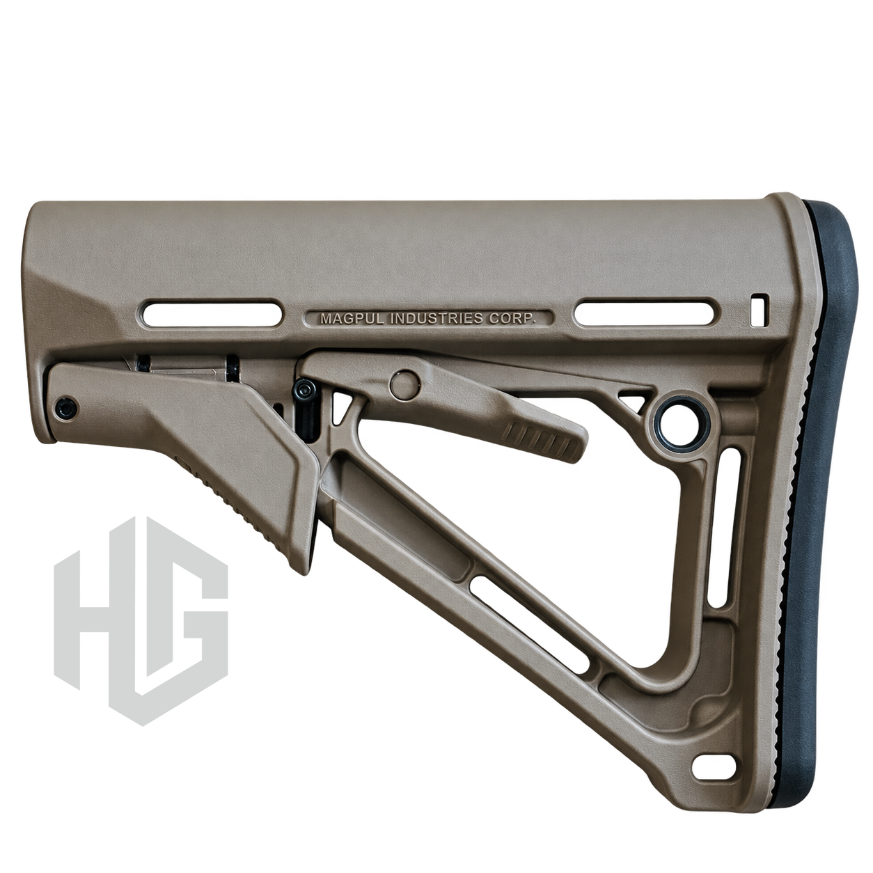 พานท้าย Magpul CTR สี FDE ด้านที่มีตัวอักษร MAGPUL INDUSTRIES CORP. พร้อมแผ่นยางรองท้ายสีดำ