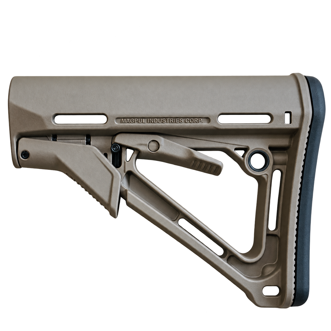 พานท้าย Magpul CTR สี FDE ด้านที่มีตัวอักษร MAGPUL INDUSTRIES CORP. พร้อมแผ่นยางรองท้ายสีดำ