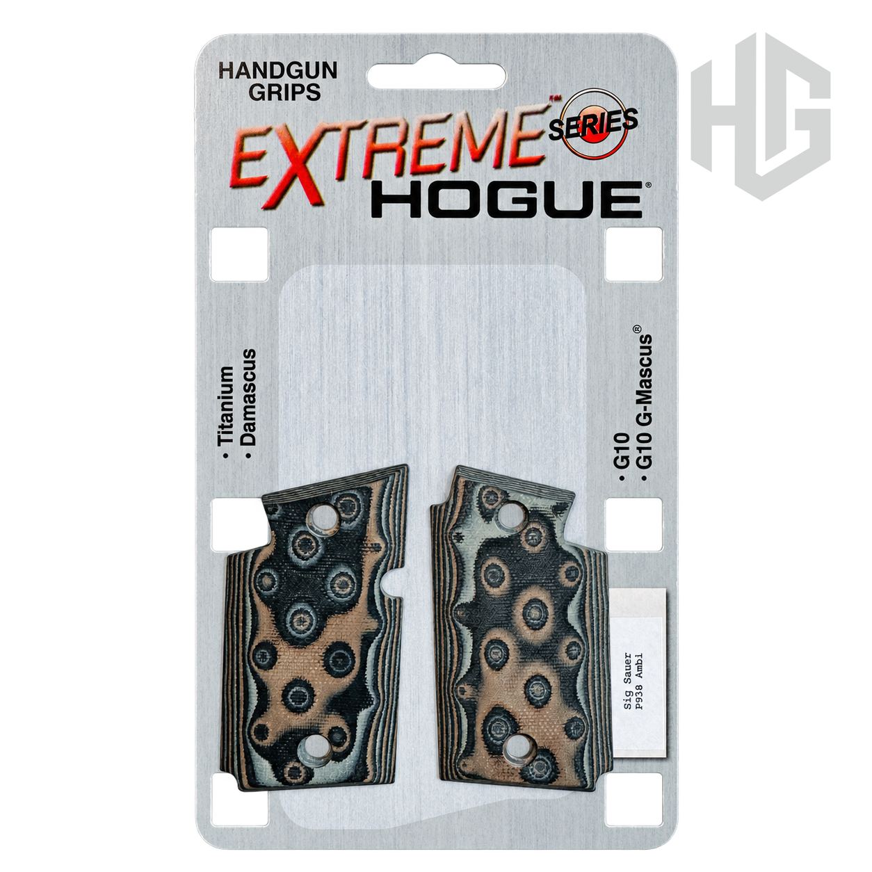 ประกับด้ามสองข้างบนแผง Hogue Extreme Series พร้อมฉลาก Sig Sauer P938 Ambi และข้อความ G10 G-Mascus
