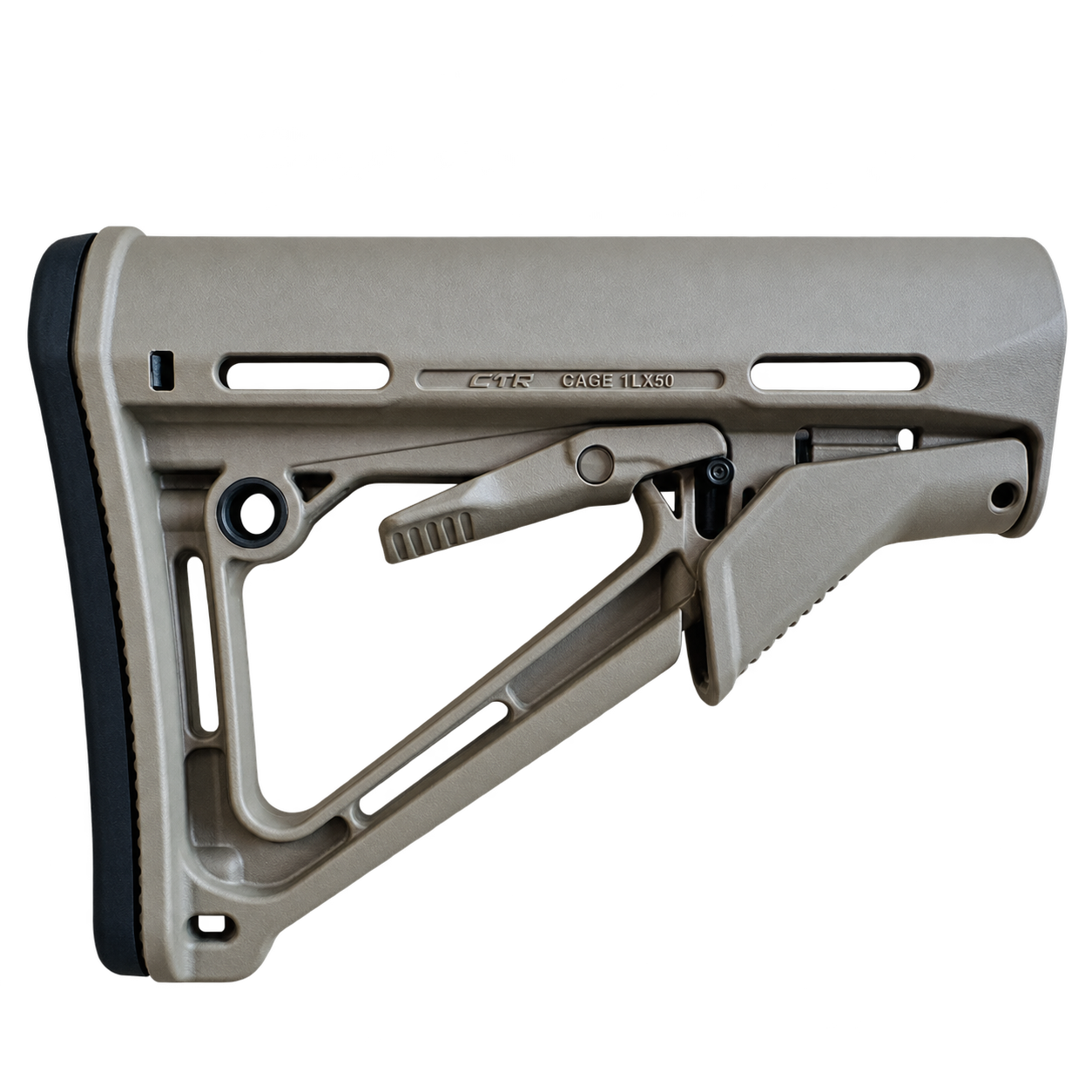 พานท้าย Magpul CTR สี FDE อีกด้าน แสดงเครื่องหมาย CTR และ CAGE 1LX50 พร้อมแผ่นยางรองท้ายสีดำ
