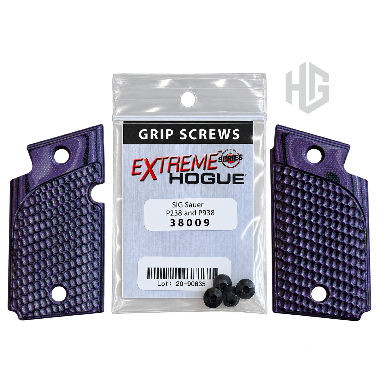 ประกับด้าม Hogue P938 สีลายม่วง G-Mascus Purple Lava สองข้าง พร้อมถุงสกรูสีดำรหัส 38009 จำนวน 4 ตัว