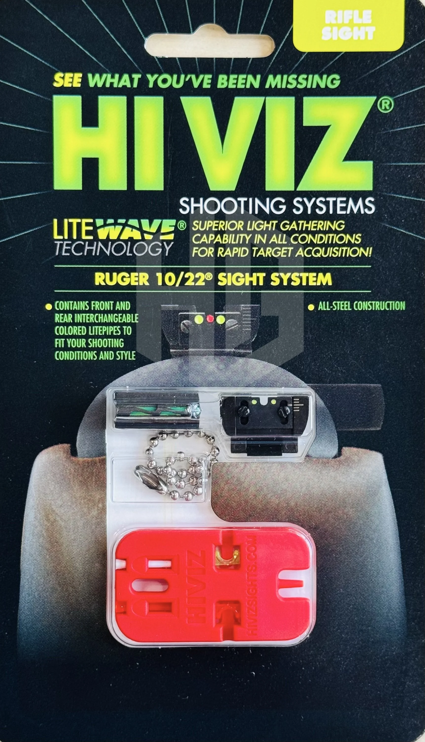 ด้านหน้าแพ็กเกจชุดศูนย์ LiteWave HIVIZ RG1022 สำหรับปืนยาว Ruger 10/22