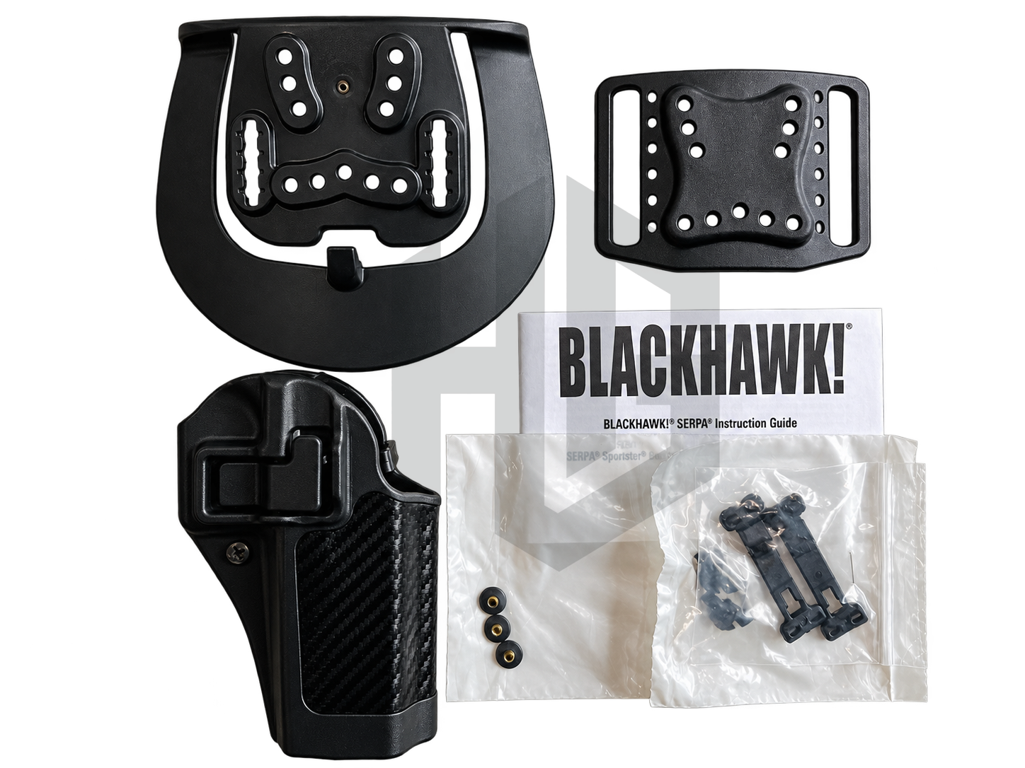 ซอง BLACKHAWK SERPA CQC มือขวา 410013BK-R พร้อมฐาน Paddle ฐาน Belt Loop ถุงชิ้นส่วนย่อย และเอกสาร