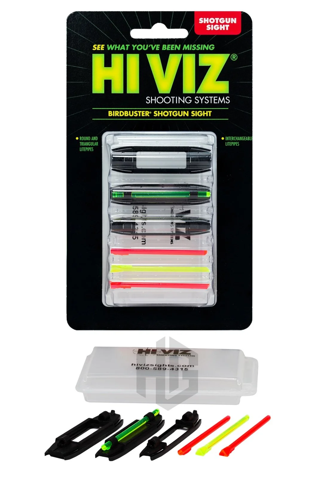 อุปกรณ์ทั้งหมดในชุด HIVIZ BirdBuster BB2005 พร้อมฐานสามขนาด LitePipe สี่ก้านและกล่องเก็บ
