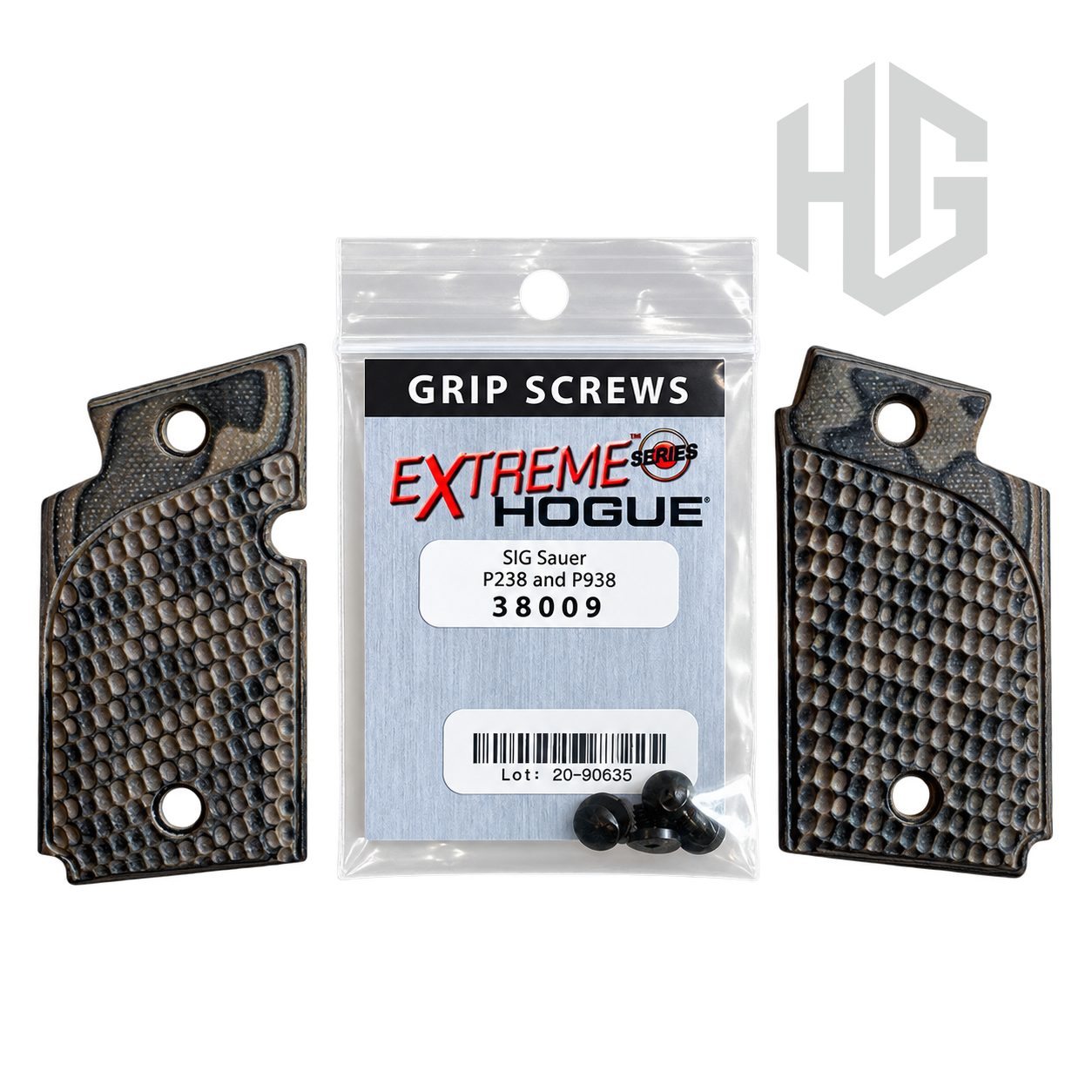 ประกับด้าม Hogue P938 G10 สี G-Mascus Dark Earth สองข้าง พร้อมถุงสกรูสีดำรหัส 38009 จำนวน 4 ตัว