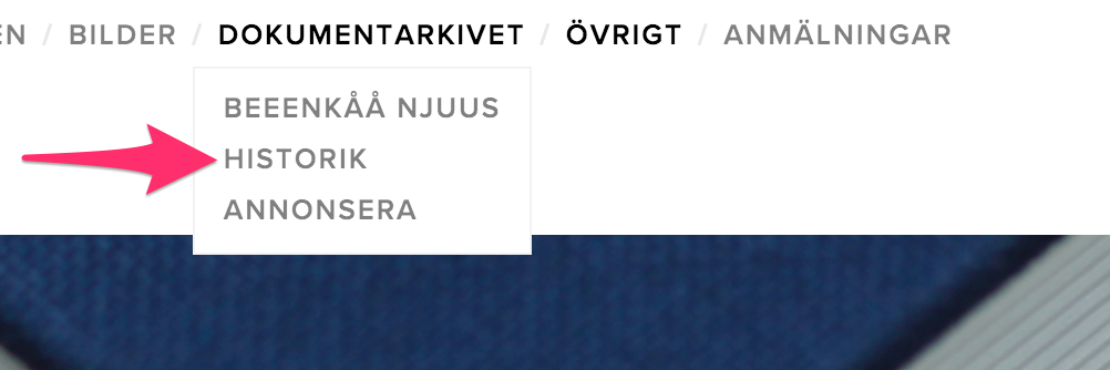 OBS. Huvudmeny alternativet som tidigare var 'Beeenkåå njuus' är numera 'Dokumentarkiv' då det är meningen att det kommer mera olika slags dokument hit med tiden.