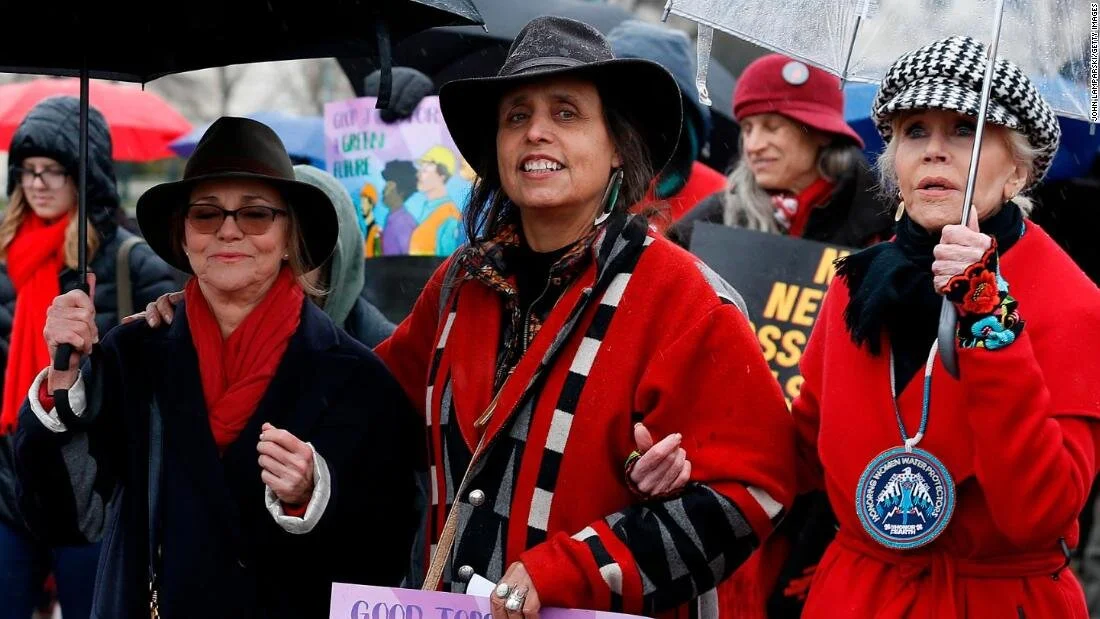 Sally Field, Winona LaDuke, and Jane Fonda in Washington DC on December 13, 2019. For the tenth straight week, Fonda has been leading Fire Drill Fridays to push American political leadership to address climate change. Lovely Jane is wearing one of o…