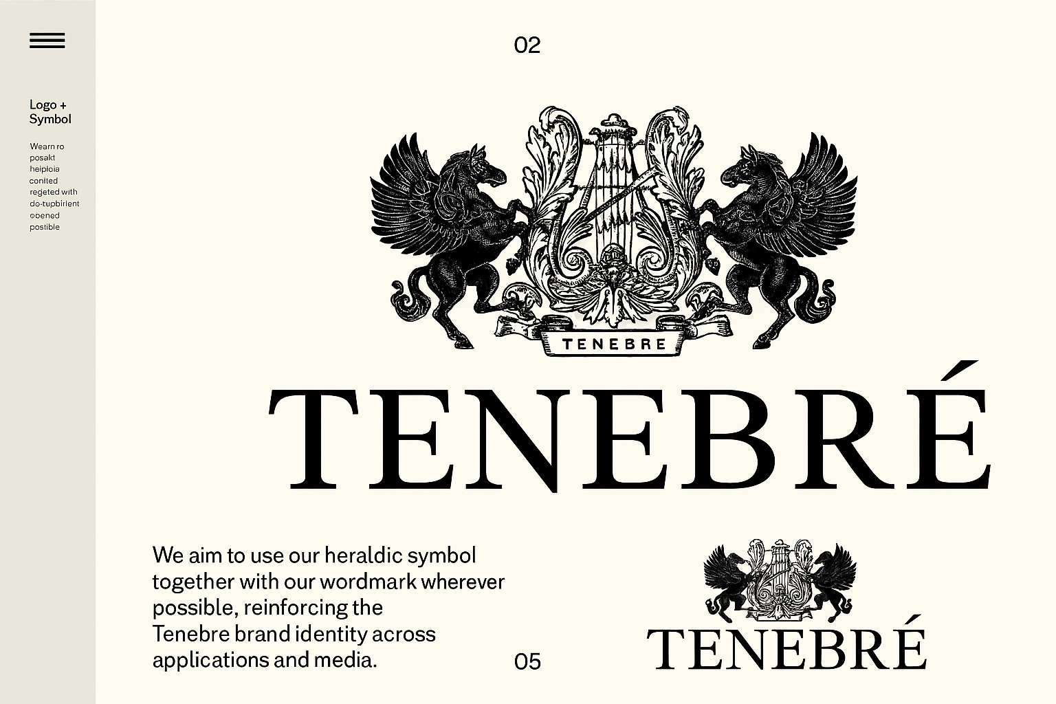 Black and white heraldic logo featuring two winged horses facing each other, a lyre in the center, and the word 'TENEBRÉ' beneath and within a banner.