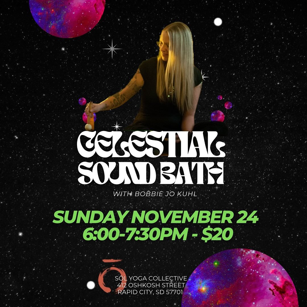 ✨Bobbie Jo Kuhl is back for another Celestial Sound Bath experience! 

✨We will expand our energy levels in our chakras and activate our DNA to a higher level using crystal singing bowls, chimes and the Atlas gong. 

✨Sunday November 24, 6:00pm-7:30 
