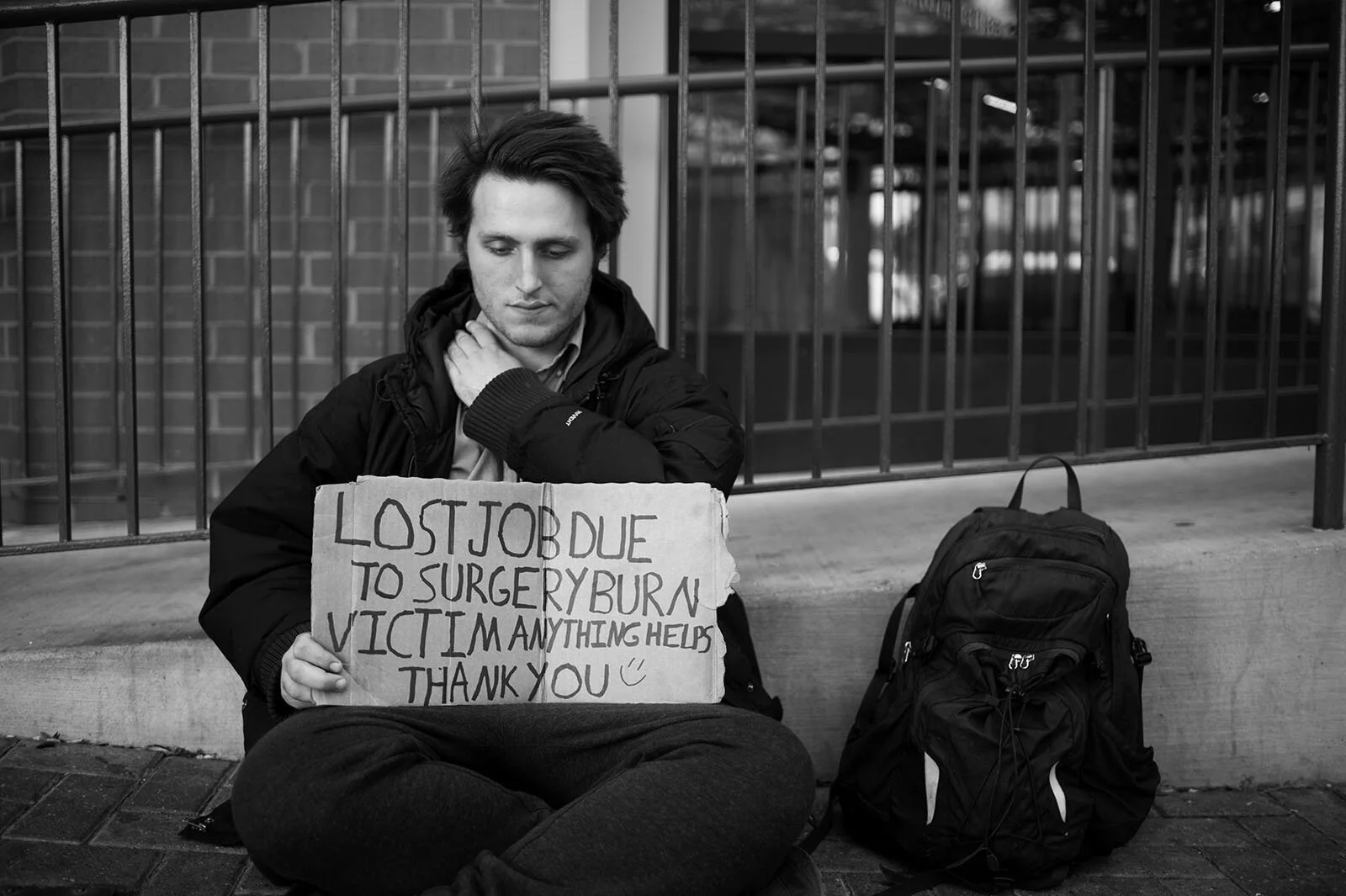 An electrical fire, resulting in a skin graft, and a torn rotator cuff carry the narrative for Kenyon’s sign. The untreated rotator cuff limits his ability to find manual labor work, which comprises the bulk of his resume experience.