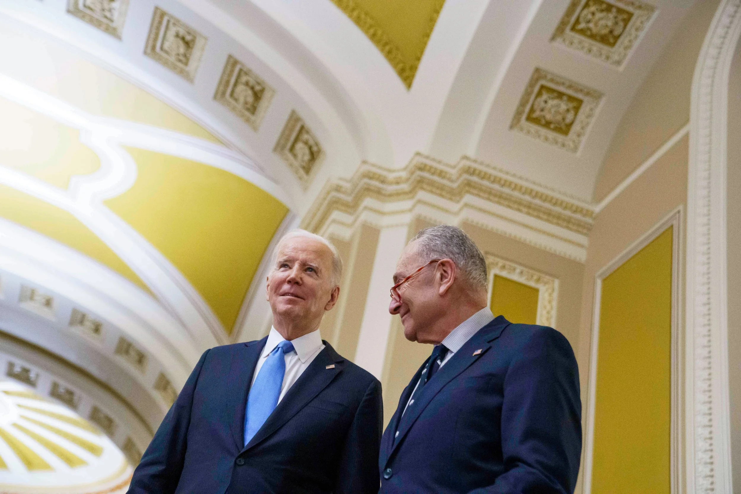  President Joe Biden and Majority Leader Chuck Schumer speak to the press after Biden spoke with Senate Democrats at the U.S. Capitol on Thursday, March 2, 2023 