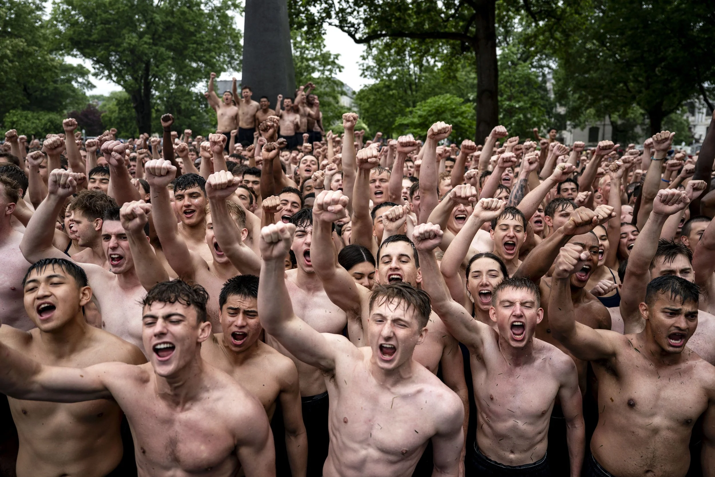  U.S. Naval Academy freshman or “plebes” participate in the annual Herndon Monument climb at the U.S. Naval Academy in Annapolis, Maryland on Wednesday, May 14, 2025. The 2028 midshipmen’s class scaled the monument in 2 hours 27 minutes and 31 second