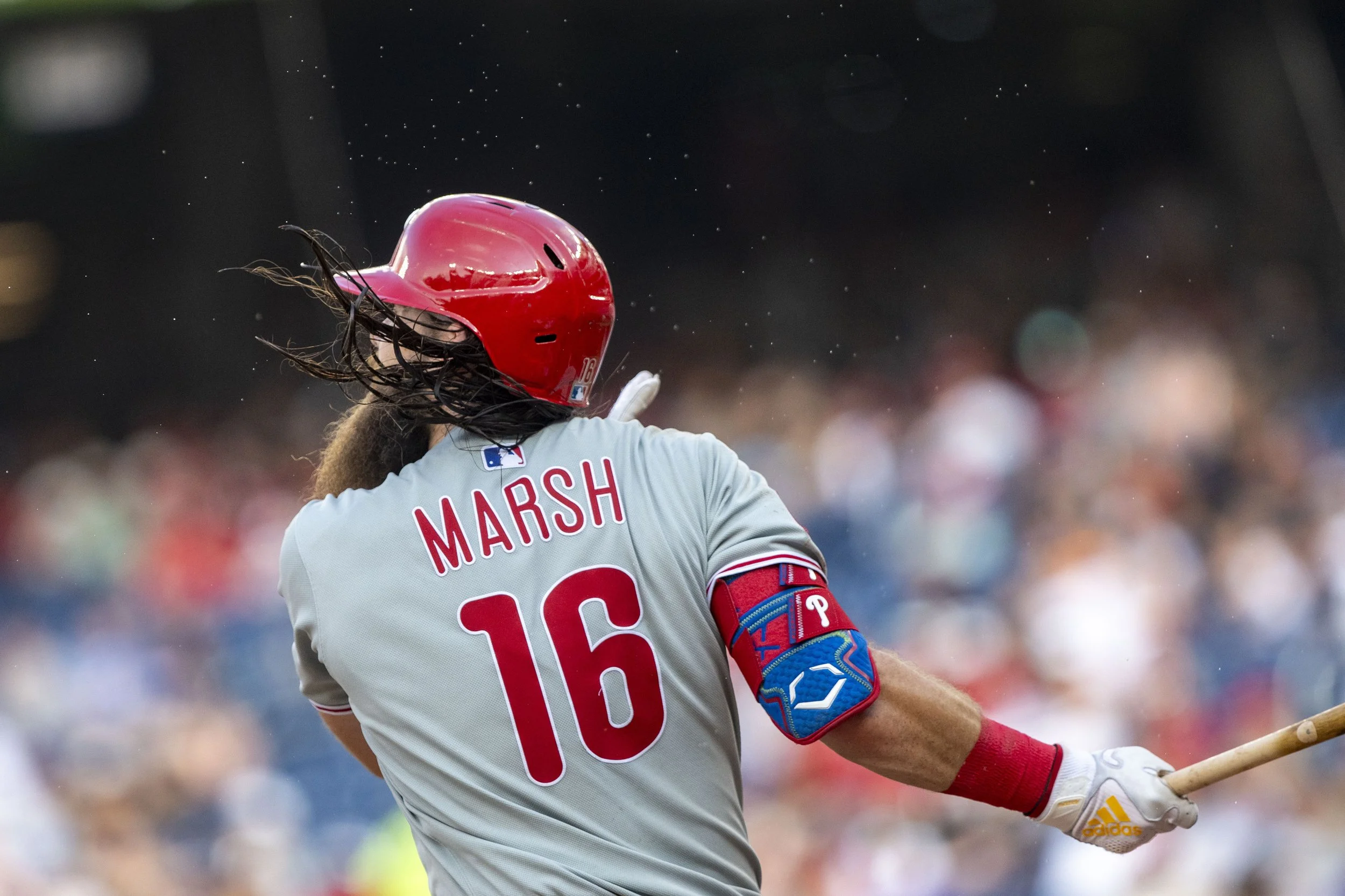  Philadelphia Phillies Left Fielder Brandon Marsh (16) bats at the top of the sixth inning during a game against the Washington Nationals at Nationals Park in Washington, DC on Thursday, August 8, 2025. 