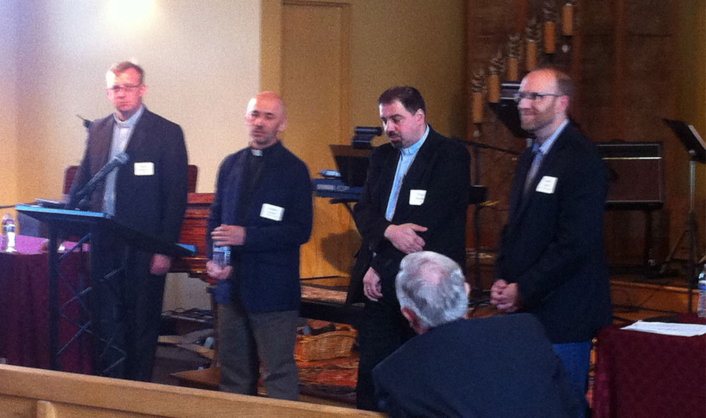  SRS trained pastors Evegeni Kruzhkov, Kazakhstan, Ruslan Moroz, Vladivostok, and Timur Anickin, Latvia, share their testimonies on Мау 14, 2015 at а voluntary meeting with members of the Pacific Northwest Presbytery of the РСА. AII were raised in So