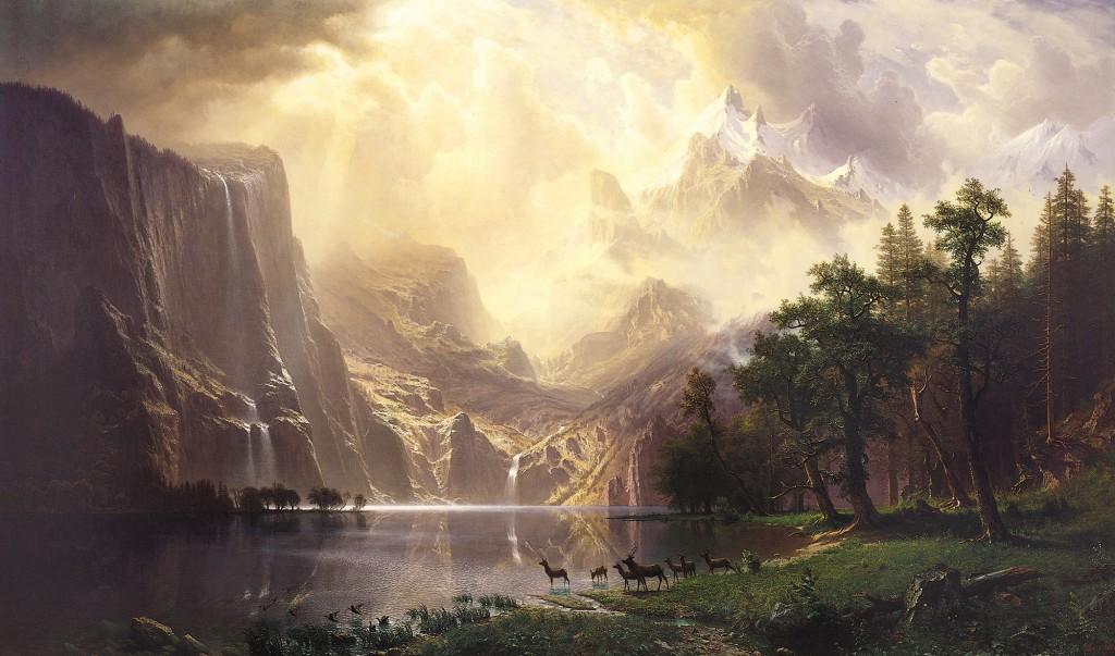 Albert Bierstadt, Among the Sierra Nevada Mountains , California, 1868 captures more dramatically the landscape that Catherine Bates praises in America the Beautiful.