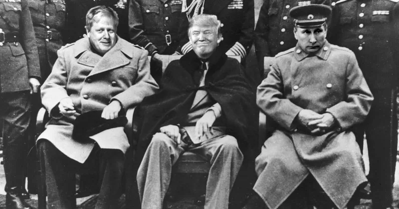 This slightly doctored photo illustrates the reality that America and President Trump must, in public, deal respectfully with world powers until we are prepared physically to humble them. In the case of Russia, that is never. 