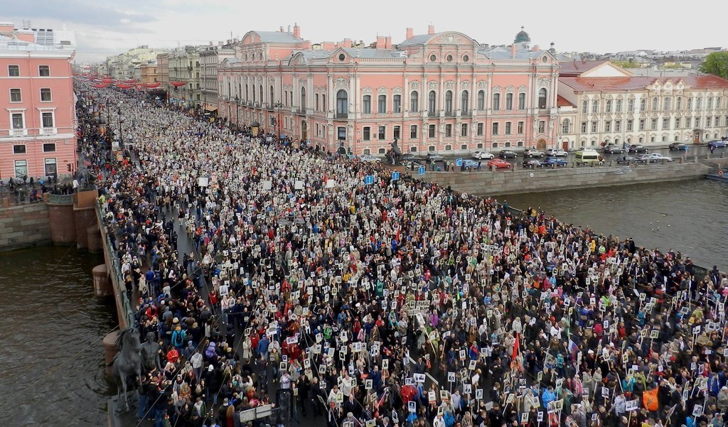 The so-called Immortal Regiment when thousands march in St. Petersburg and other cities of the world to remember their WWII relatives.