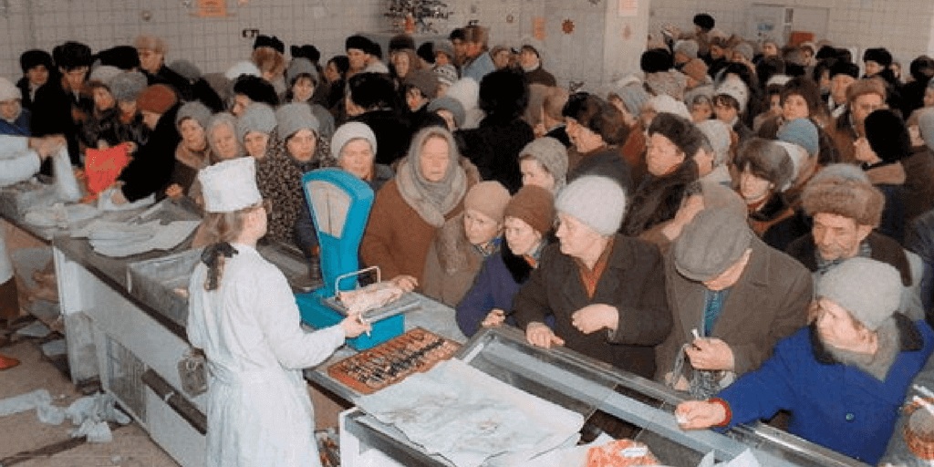 When Blake, Ron, Peter, and David hit the streets of the USSR in 1989 to try to get something to eat in the food stores, though it was summer time, not like above, the lines were like this. There were 4 kinds of food stores, creatively named, “Fish”, “Bread”, “Meat”, and “Milk”. They lost weight, needless to say, during the 2 weeks there. And, yes, that is an abacus the saleswoman is using. They were used throughout the 1990’s in the former Soviet Union as well. If you would like to watch a fascinating video on Soviet shopping, click on this: https://www.youtube.com/watch?v=fa6btjwdKTc