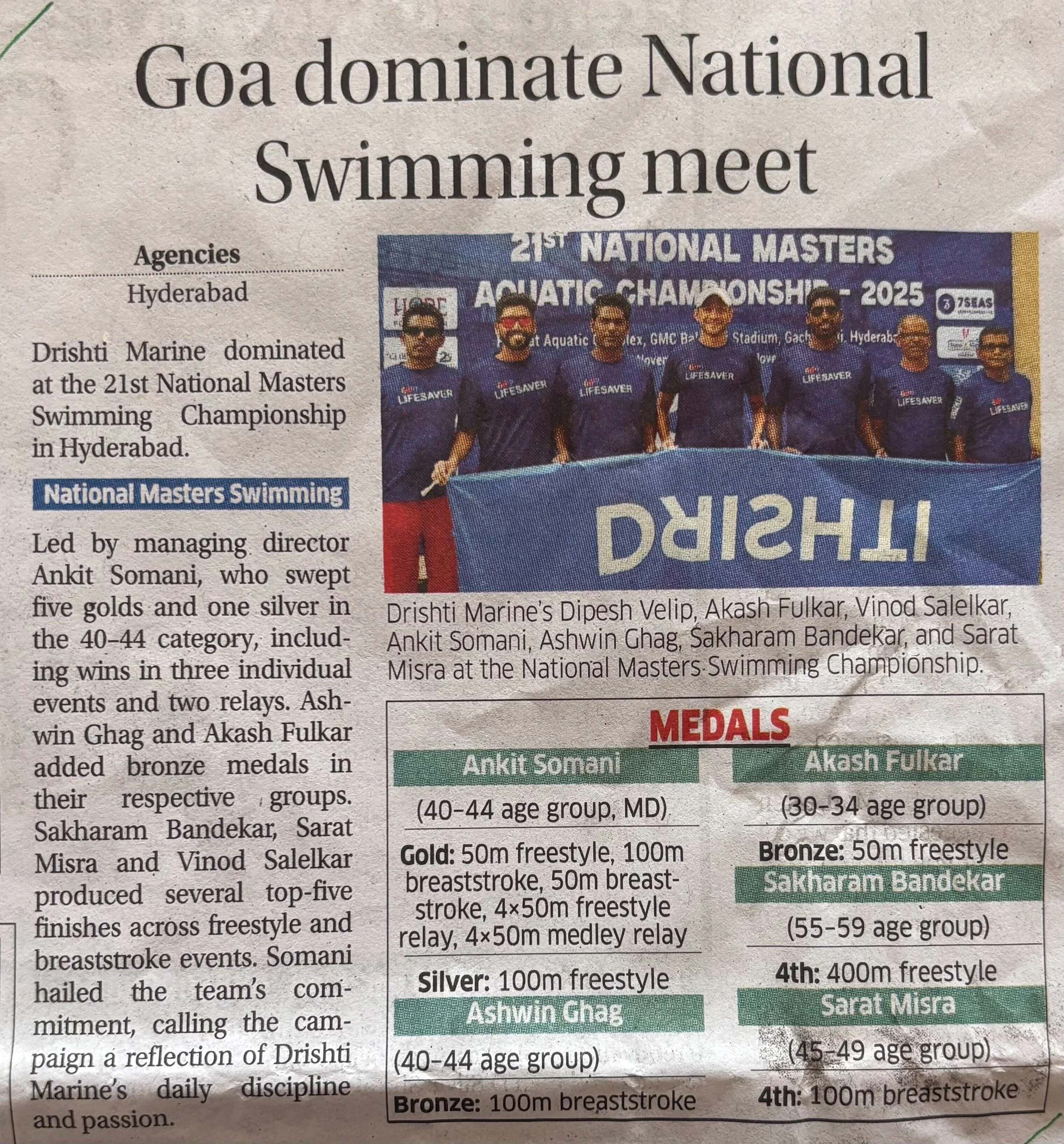 Drishti Marine Goa dominate National Swimming Meet
