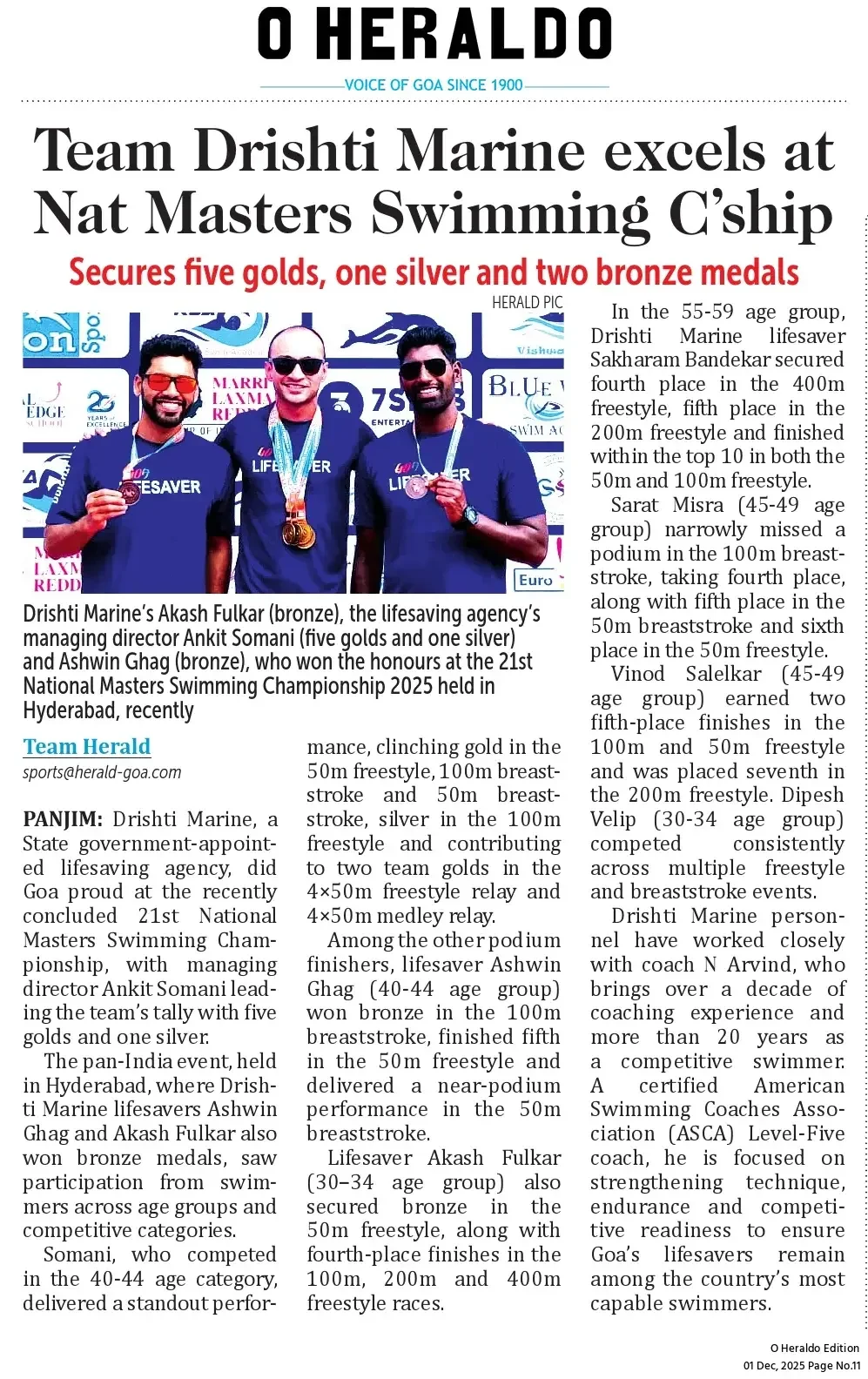Team Drishti Marine excels at Nat Masters Swimming C'ship