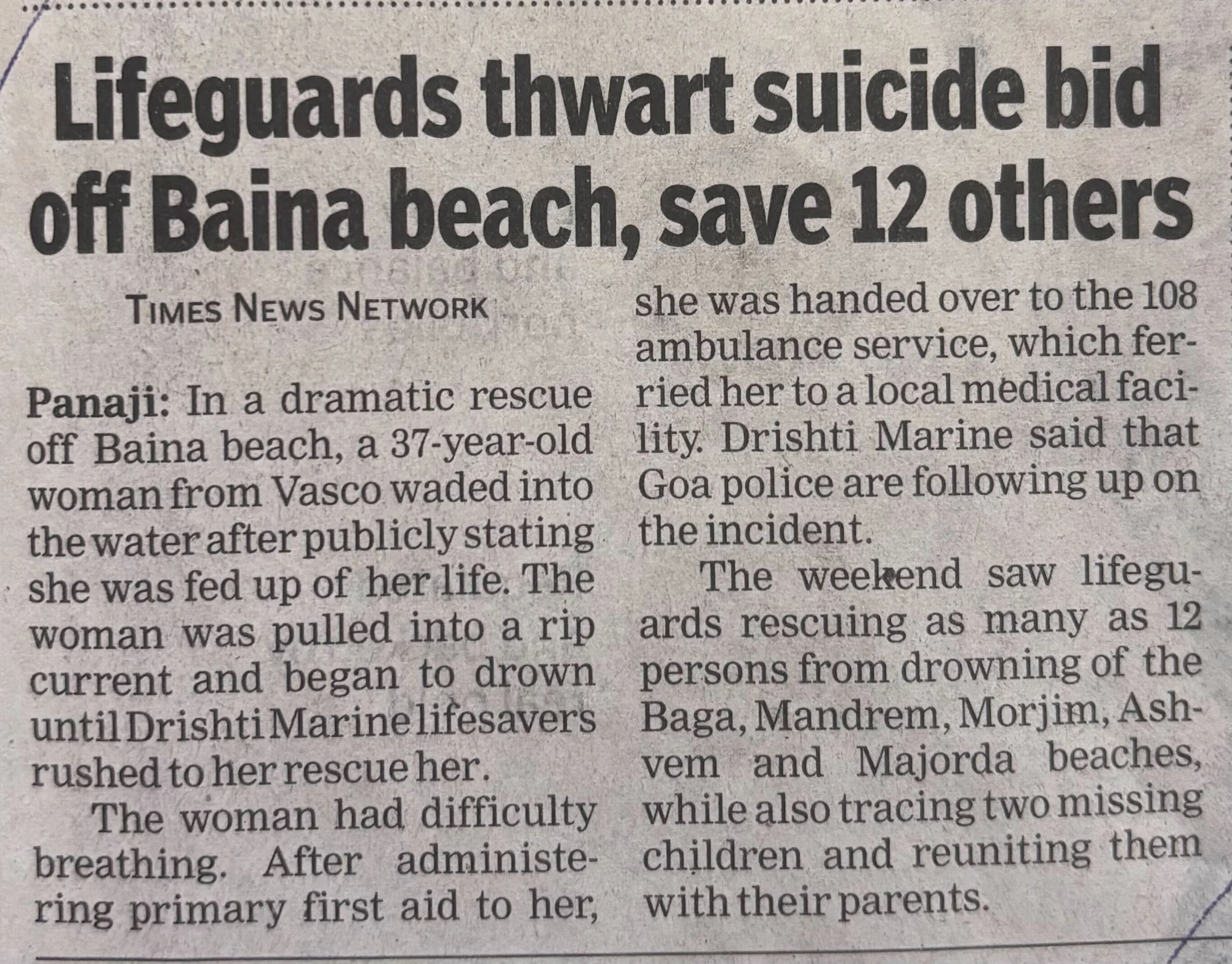 Lifeguards thwart suicide bid off Baina beach, save 12 others