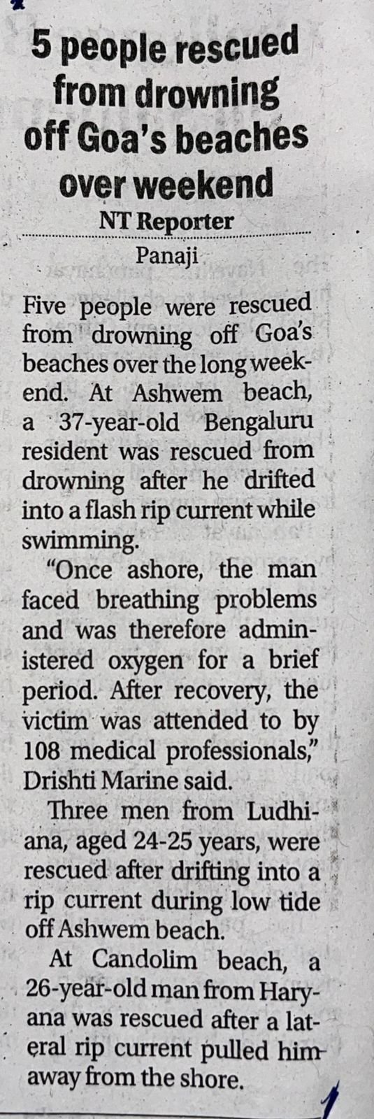 5 people rescued from drowning off Goa's beaches over the weekend