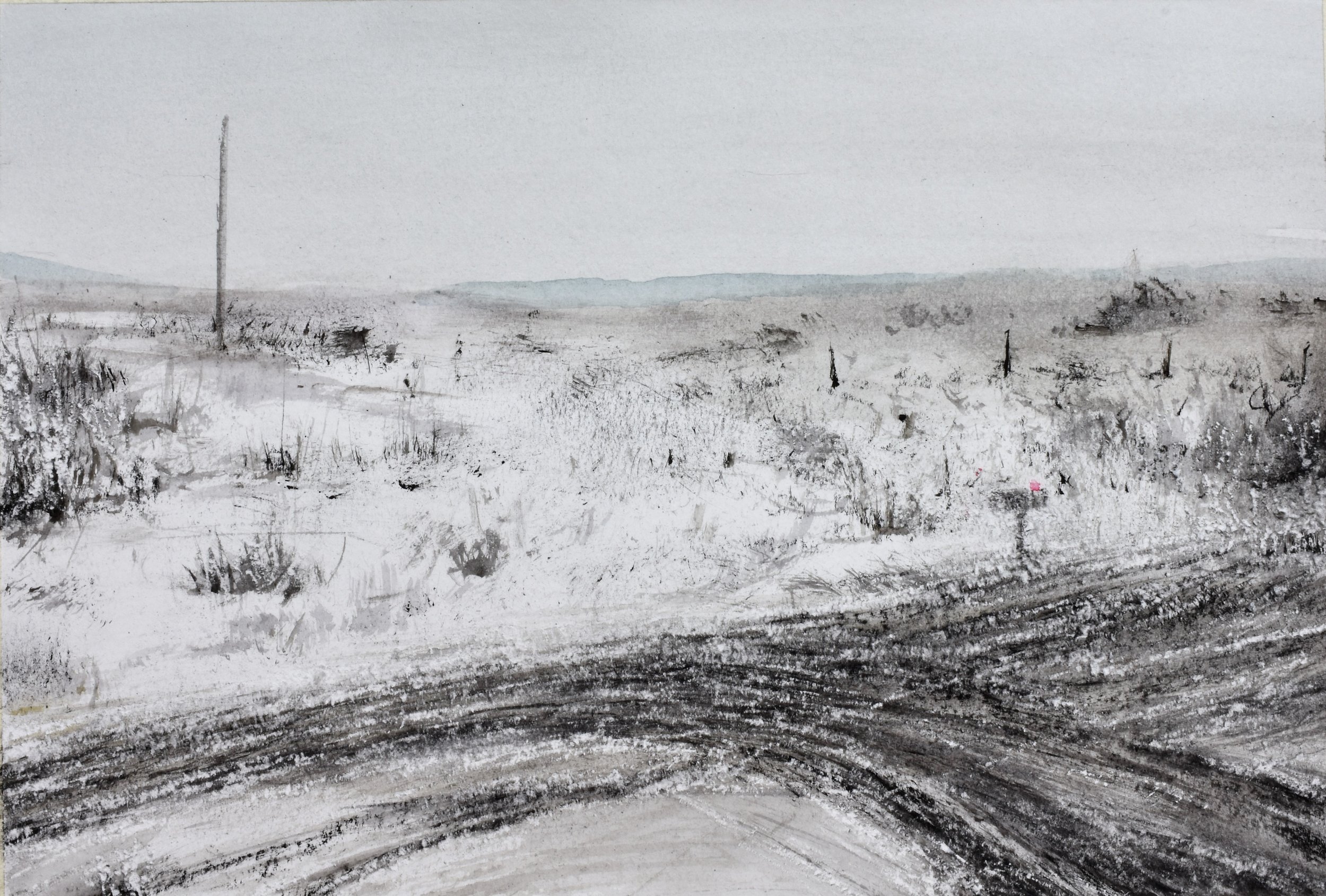 Country Picture (Frozen Ruts), 8" x 12", conte, ink, and watercolor on paper, 2018