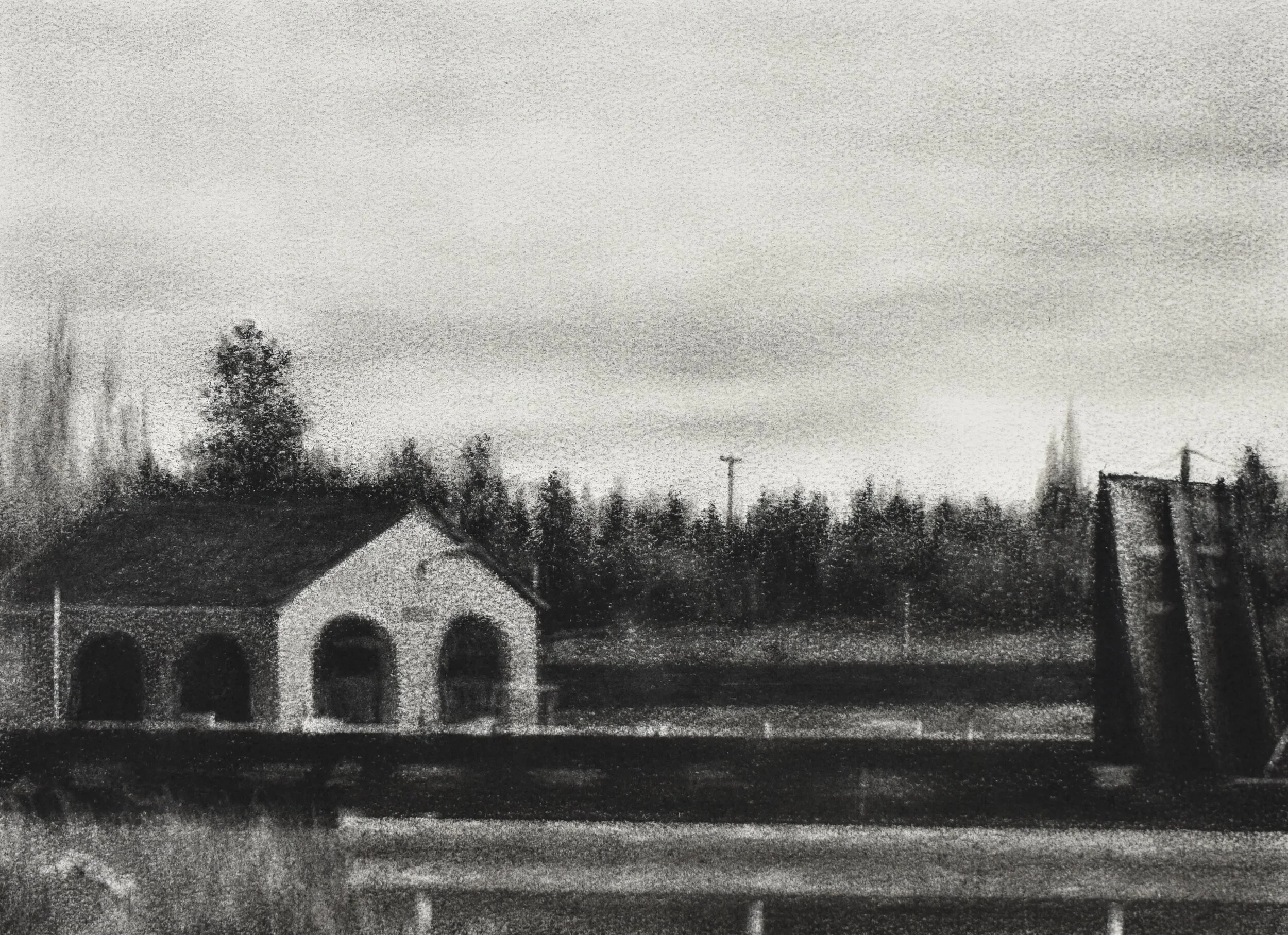 Untitled (Old Depot), conte on paper, 12" x 16", 2019