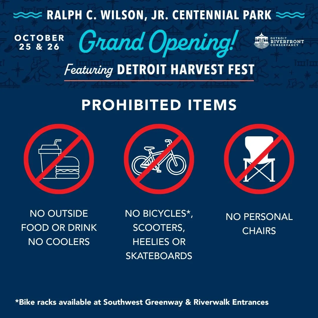 Important info for anyone planning on attending the Grand Opening of Ralph C. Wilson, Jr. Centennial Park and Harvest Fest this weekend: No bicycles (or scooters or skateboards) will be allowed onsite. 
There will be bike corrals at three locations: