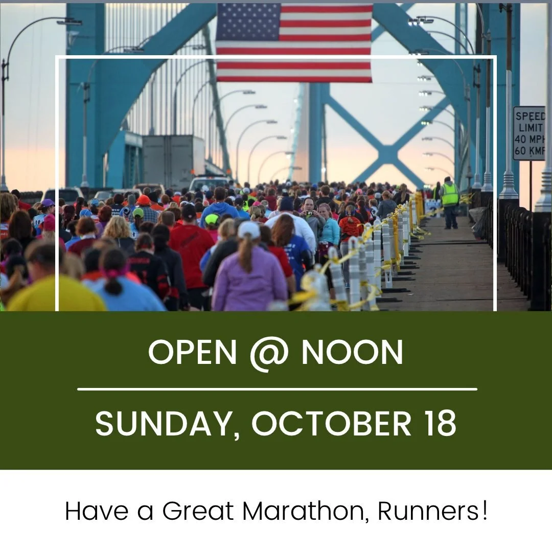 It's Marathon Day! We'll be open from 12 Noon to 6PM. @freepmarathon #detroitmarathon #rundetroit #bikedetroit