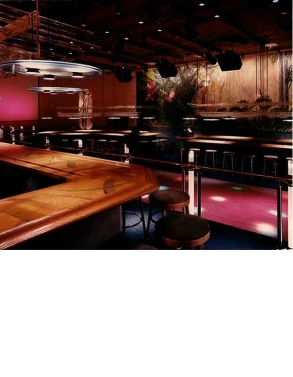 Acylic-post railings were sandblasted on the interior and lit from the base. Alcoves at the end of the room contained steel tubes with lit colored acrylic.