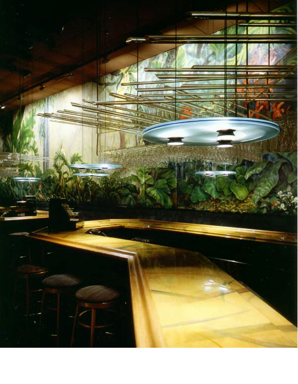  A thirty foot mural by Gabrielle Fiorentino, with orchids lit by projection lights, accentuate the color,&nbsp;when lights dim. 