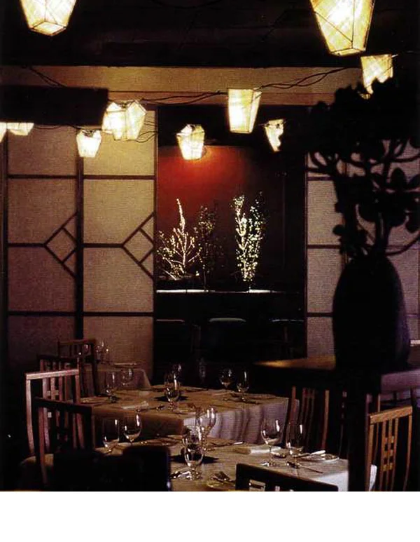 Iron shoji frames with rice paper on plexiglass flanked the entertainment room. Metal lantern frames are covered with banana leaf paper for candlelight ambience.