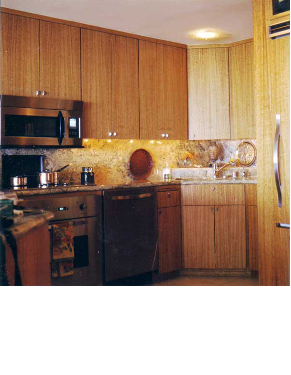  Eucalyptus cabinets unified the open kitchen and display shelving in the living room area. 